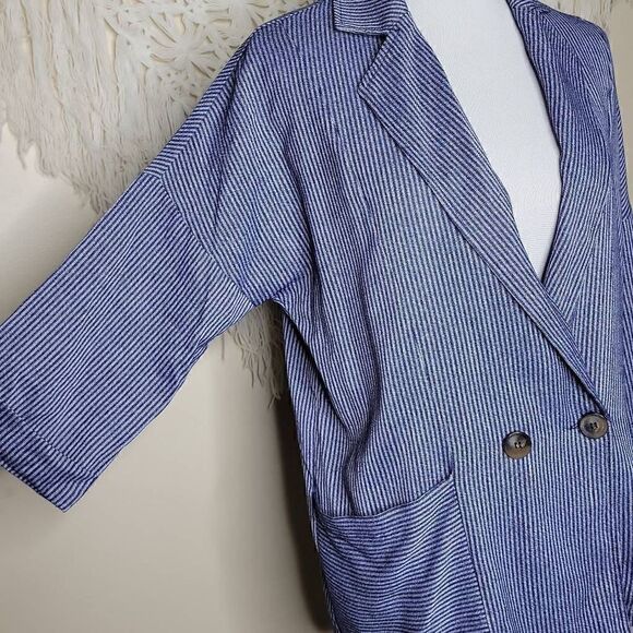 Fashion On Earth Stripe Double Button 3/4 Sleeve Navy Blue Blazer Medium - Picture 8 of 15